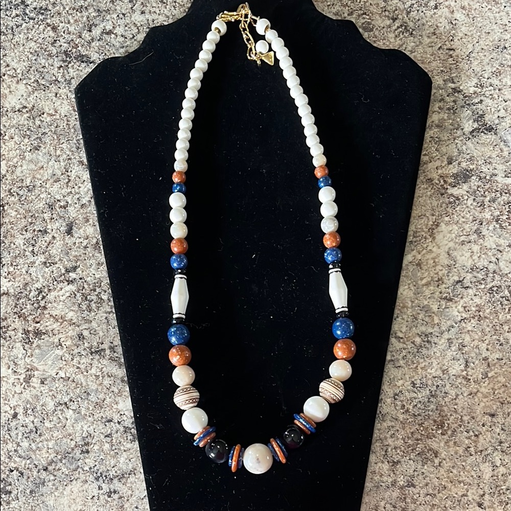 Beaded Necklace in White, Blue, and Brown